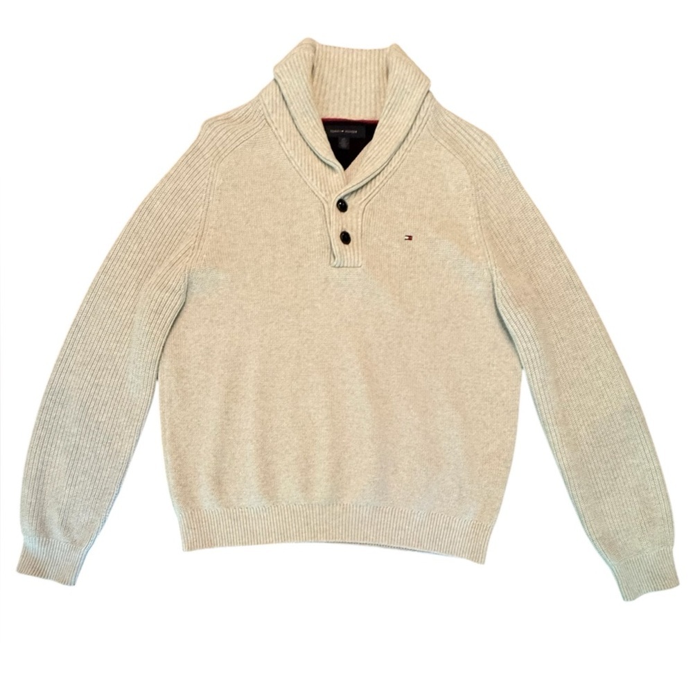 NWOT Y2K Tommy Hilfiger Men's Cream Quarter Button Up Cotton Sweater Large $145